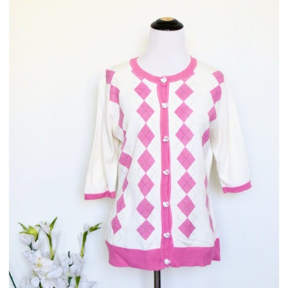Sanrio Hello Kitty Argyle Button Front Knit Cardigan Hello Kitty Buttons Pink XL - Picture 1 of 7